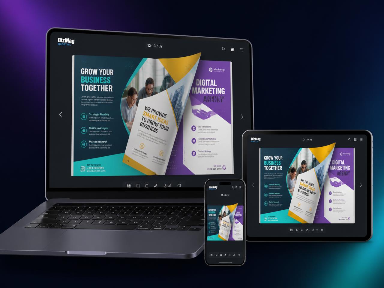 A digital flyer directory open mid page-turn on a laptop, tablet and smartphone