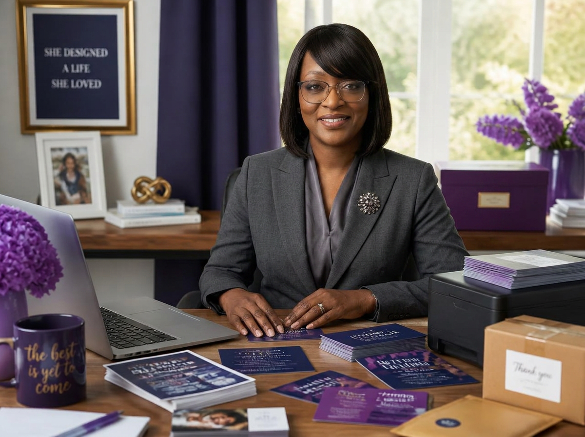 Founder of Flip & Earn Resource Hub seated at her desk with printed flyers